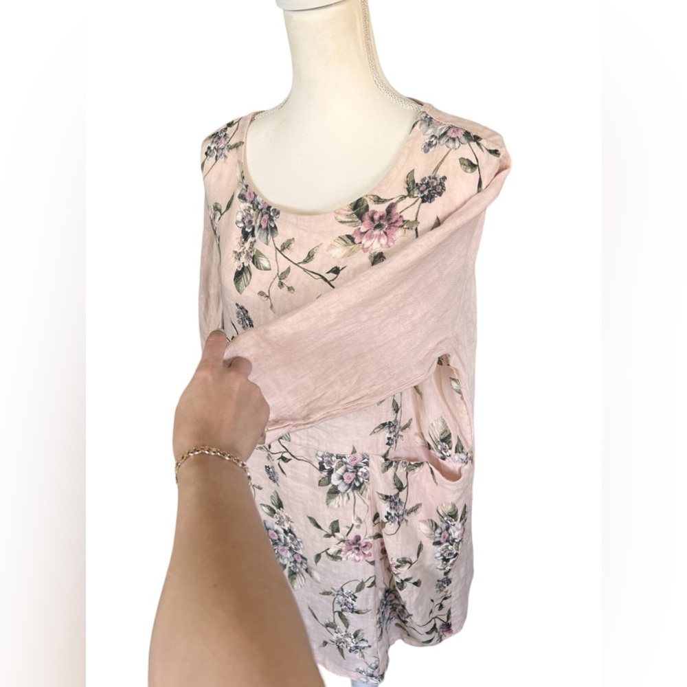 Italian luxury Pink Floral Tunic with Pockets, Made in Italy - 3/4 Sleeve - Picture 3 of 12